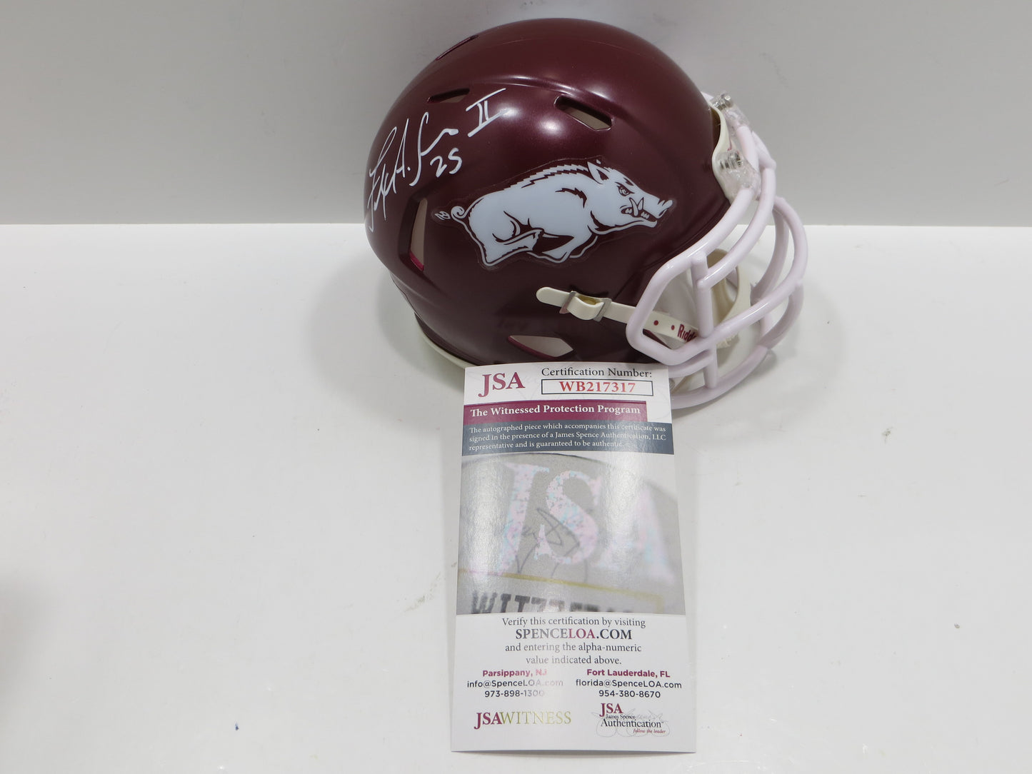 FELIX JONES III SIGNED ARKANSAS RAZORBACKS Riddell MINI HELMET BAS COA