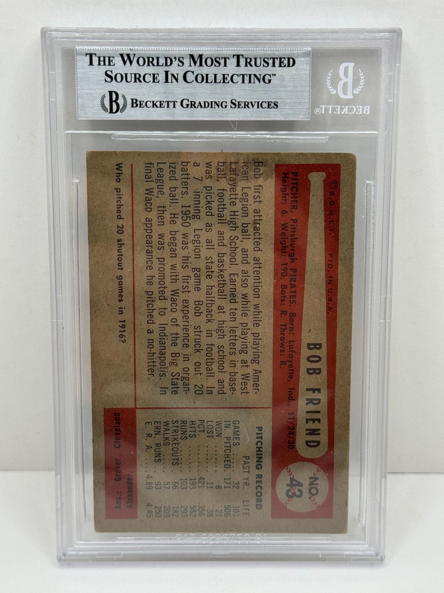 1954 Bowman Bob Friend #43A Auto Beckett Authenticated Deceased in 2019