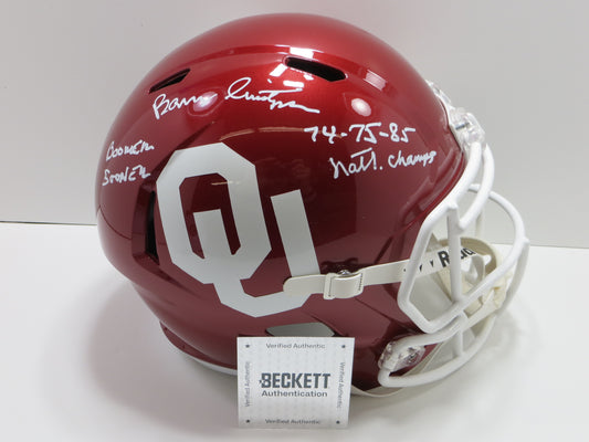 BARRY SWITZER SIGNED OKLAHOMA OU SOONERS FULL SIZE HELMET w/INSC Cowboys BAS