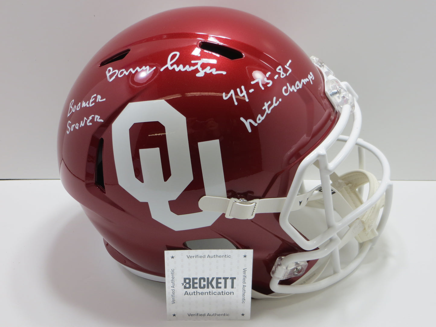 BARRY SWITZER SIGNED OKLAHOMA OU SOONERS FULL SIZE HELMET w/Boomer NatChamps BAS