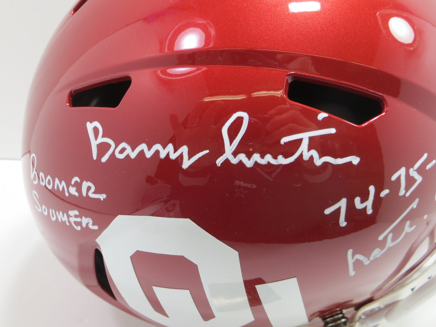 BARRY SWITZER SIGNED OKLAHOMA OU SOONERS FULL SIZE HELMET w/Boomer NatChamps BAS