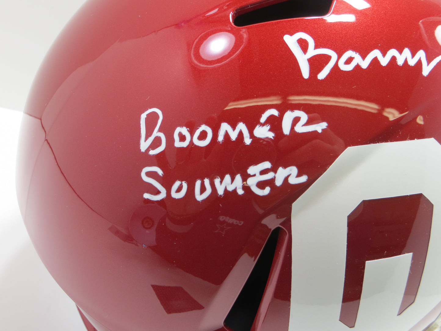 BARRY SWITZER SIGNED OKLAHOMA OU SOONERS FULL SIZE HELMET w/Boomer NatChamps BAS