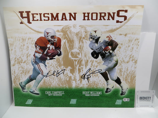EARL CAMPBELL RICKY WILLIAMS Texas Longhorns HEISMAN SIGNED 16x20 BAS COA