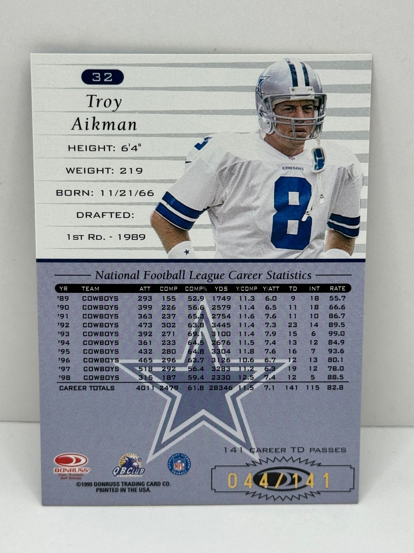 1999 Donruss Troy Aikman #/141 #32 Dallas Cowboys
