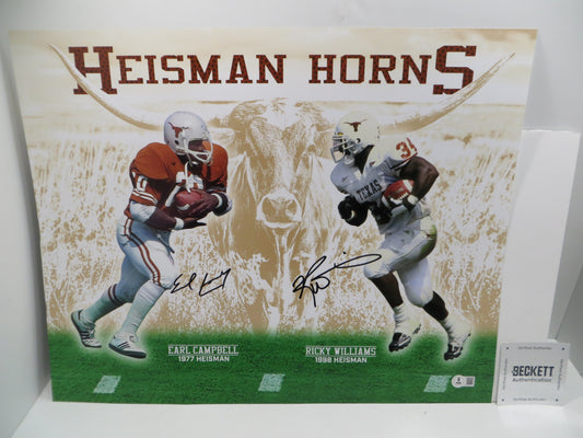 EARL CAMPBELL RICKY WILLIAMS Texas Longhorns HEISMAN SIGNED 16x20 BAS COA