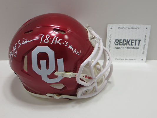BILLY SIMS SIGNED OKLAHOMA OU SOONERS MINI HELMET w/HEISMAN BAS COA