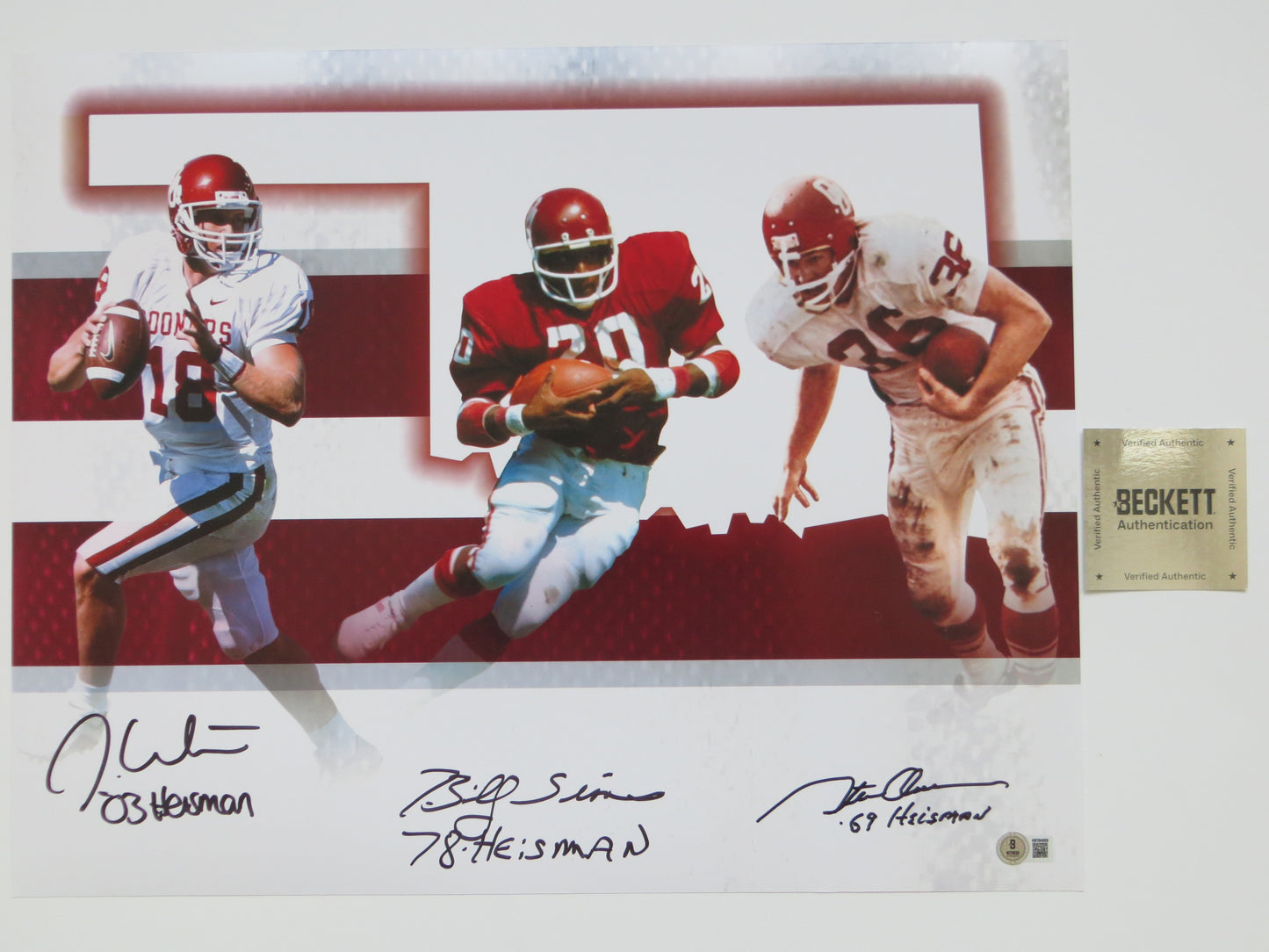 OKLAHOMA OU SOONERS HEISMAN BILLY SIMS STEVE OWENS JASON WHITE SIGNED 16x20 BAS