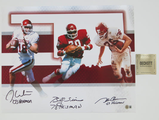 OKLAHOMA OU SOONERS HEISMAN BILLY SIMS STEVE OWENS JASON WHITE SIGNED 16x20 BAS