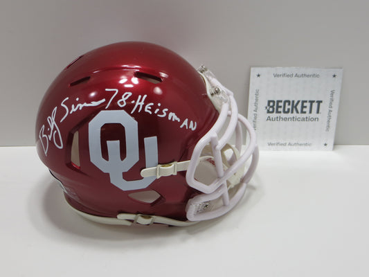 BILLY SIMS SIGNED OKLAHOMA OU SOONERS MINI HELMET w/HEISMAN BAS COA