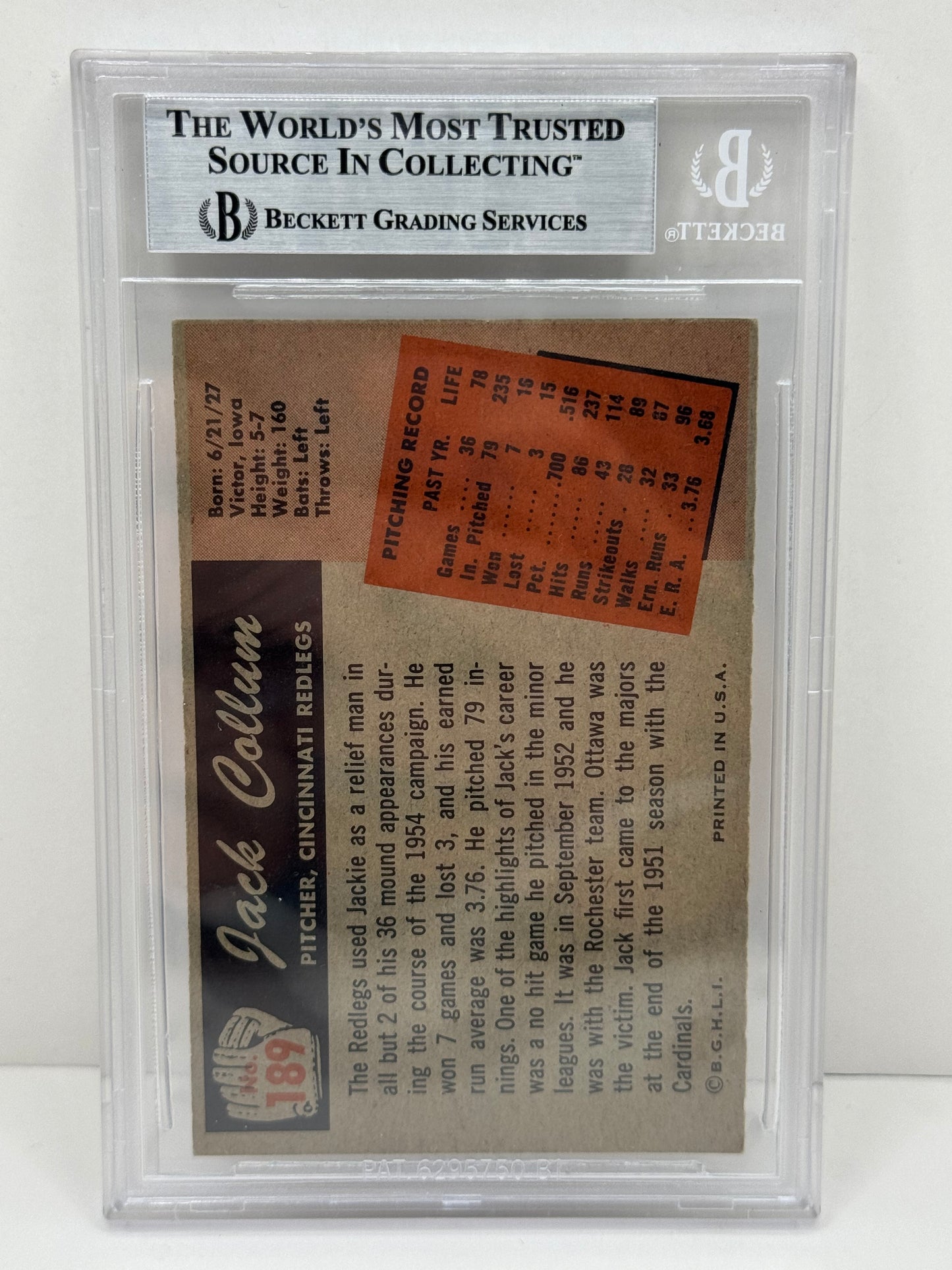 1955 Bowman Jackie Collum #189 Auto Beckett Authentic Deceased in 2009
