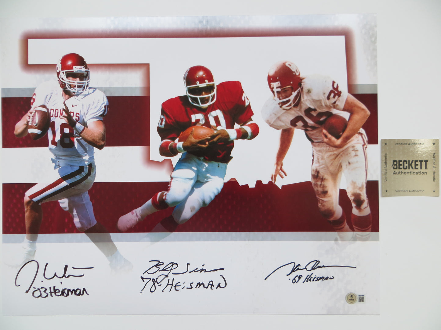 OKLAHOMA OU SOONERS HEISMAN BILLY SIMS STEVE OWENS JASON WHITE SIGNED 16x20 BAS