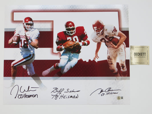 OKLAHOMA OU SOONERS HEISMAN BILLY SIMS STEVE OWENS JASON WHITE SIGNED 16x20 BAS