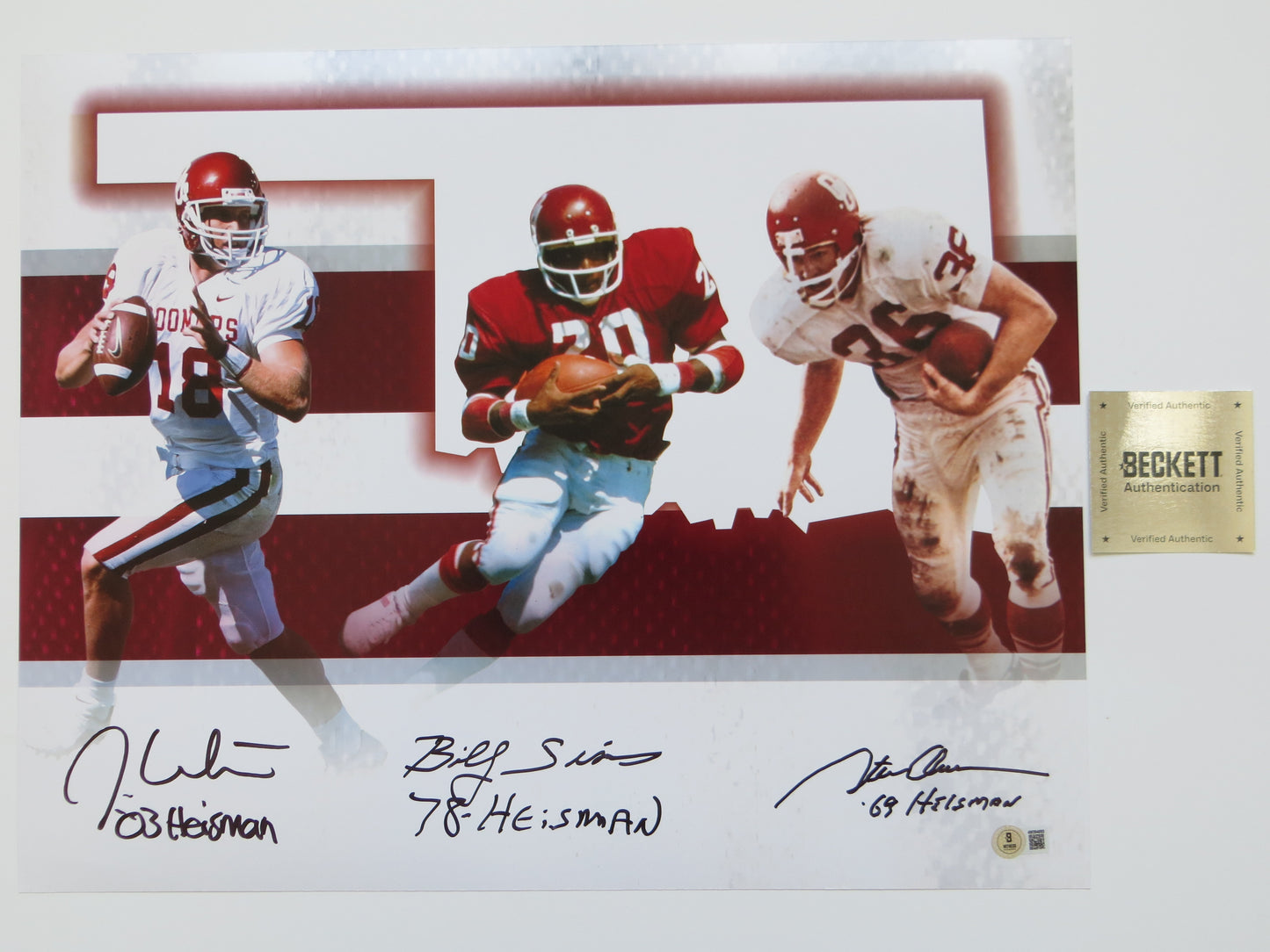 OKLAHOMA OU SOONERS HEISMAN BILLY SIMS STEVE OWENS JASON WHITE SIGNED 16x20 BAS