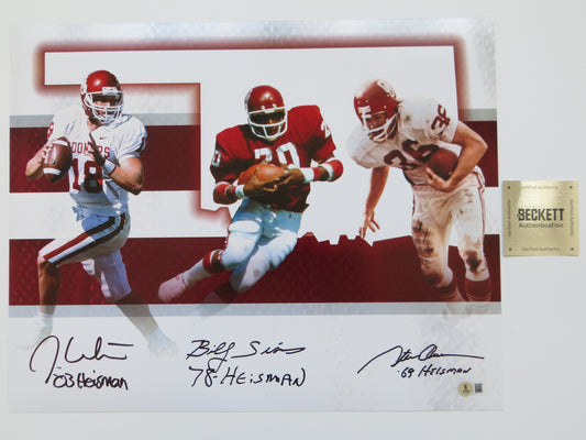 OKLAHOMA OU SOONERS HEISMAN BILLY SIMS STEVE OWENS JASON WHITE SIGNED 16x20 BAS