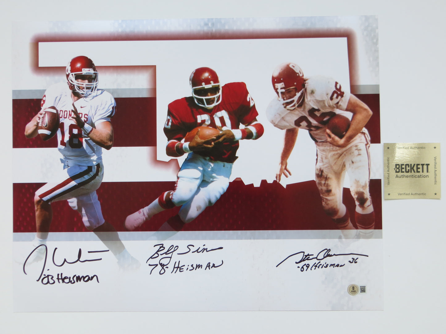 OKLAHOMA OU SOONERS HEISMAN BILLY SIMS STEVE OWENS JASON WHITE SIGNED 16x20 BAS
