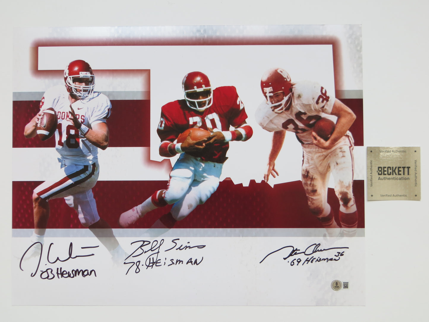 OKLAHOMA OU SOONERS HEISMAN BILLY SIMS STEVE OWENS JASON WHITE SIGNED 16x20 BAS