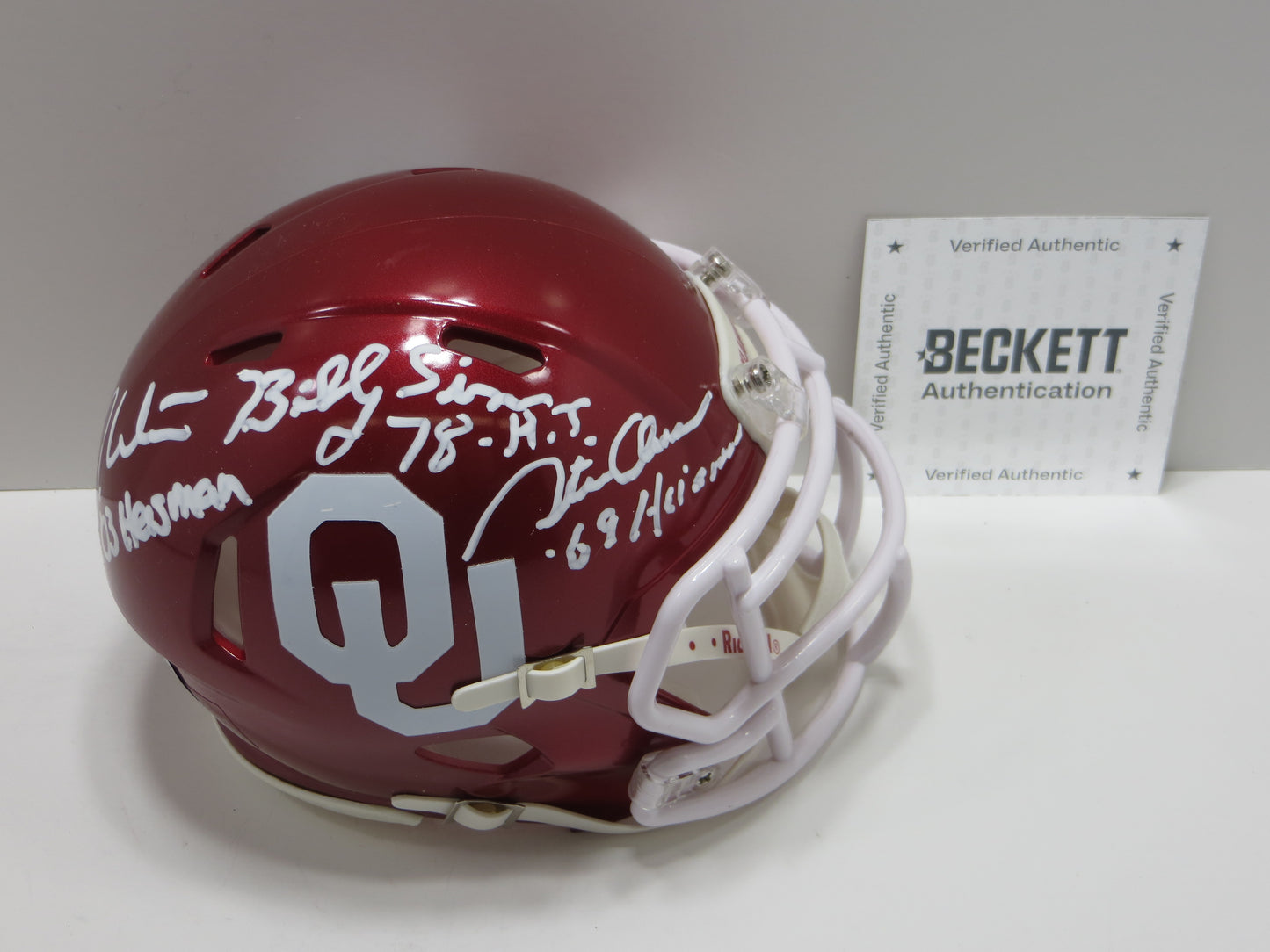 OKLAHOMA OU SOONERS HEISMAN SIGNED MINI HELMET White Sims Owens BAS