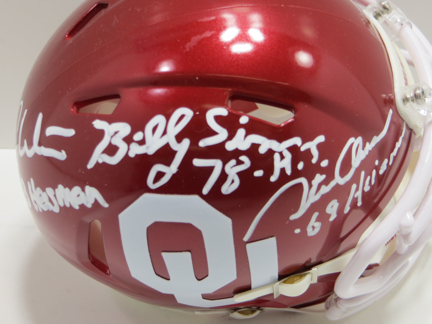 OKLAHOMA OU SOONERS HEISMAN SIGNED MINI HELMET White Sims Owens BAS