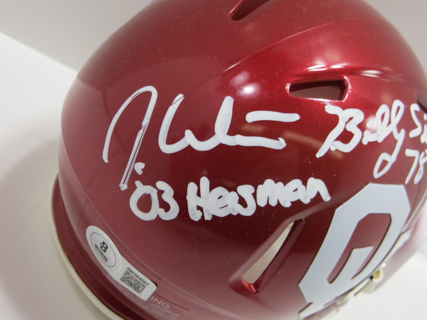 OKLAHOMA OU SOONERS HEISMAN SIGNED MINI HELMET White Sims Owens BAS