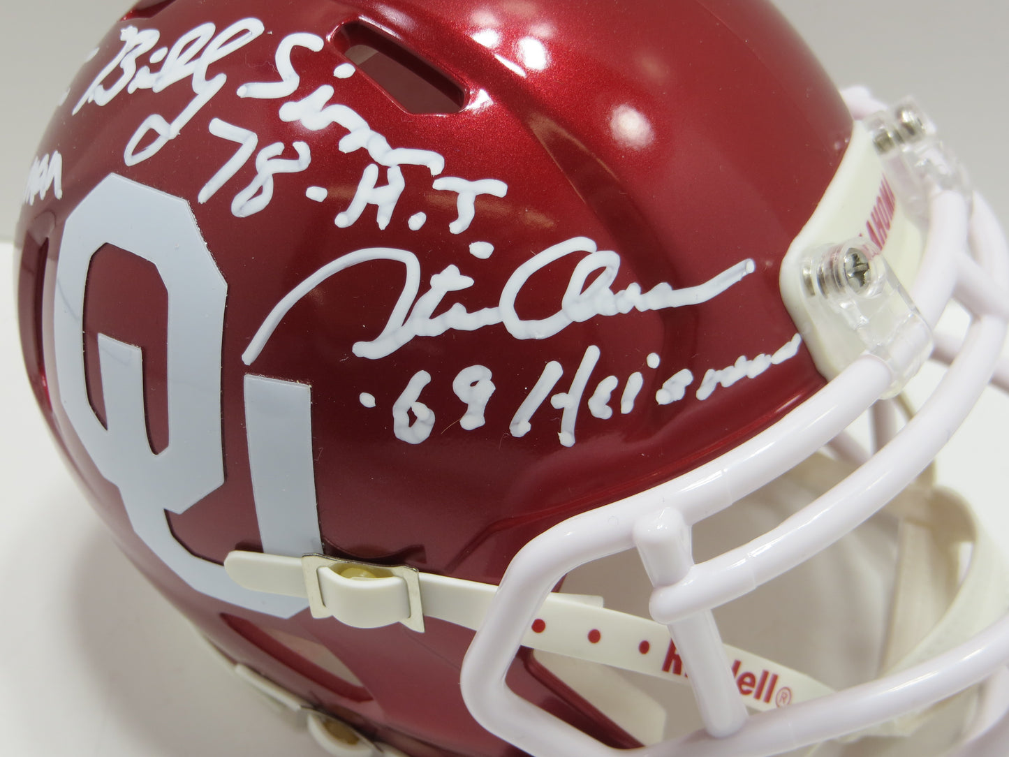 OKLAHOMA OU SOONERS HEISMAN SIGNED MINI HELMET White Sims Owens BAS