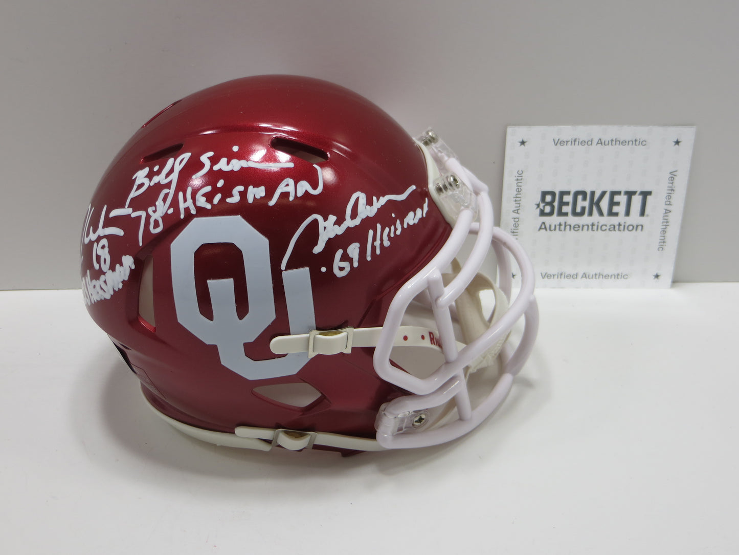 OKLAHOMA OU SOONERS HEISMAN SIGNED MINI HELMET White Sims Owens BAS