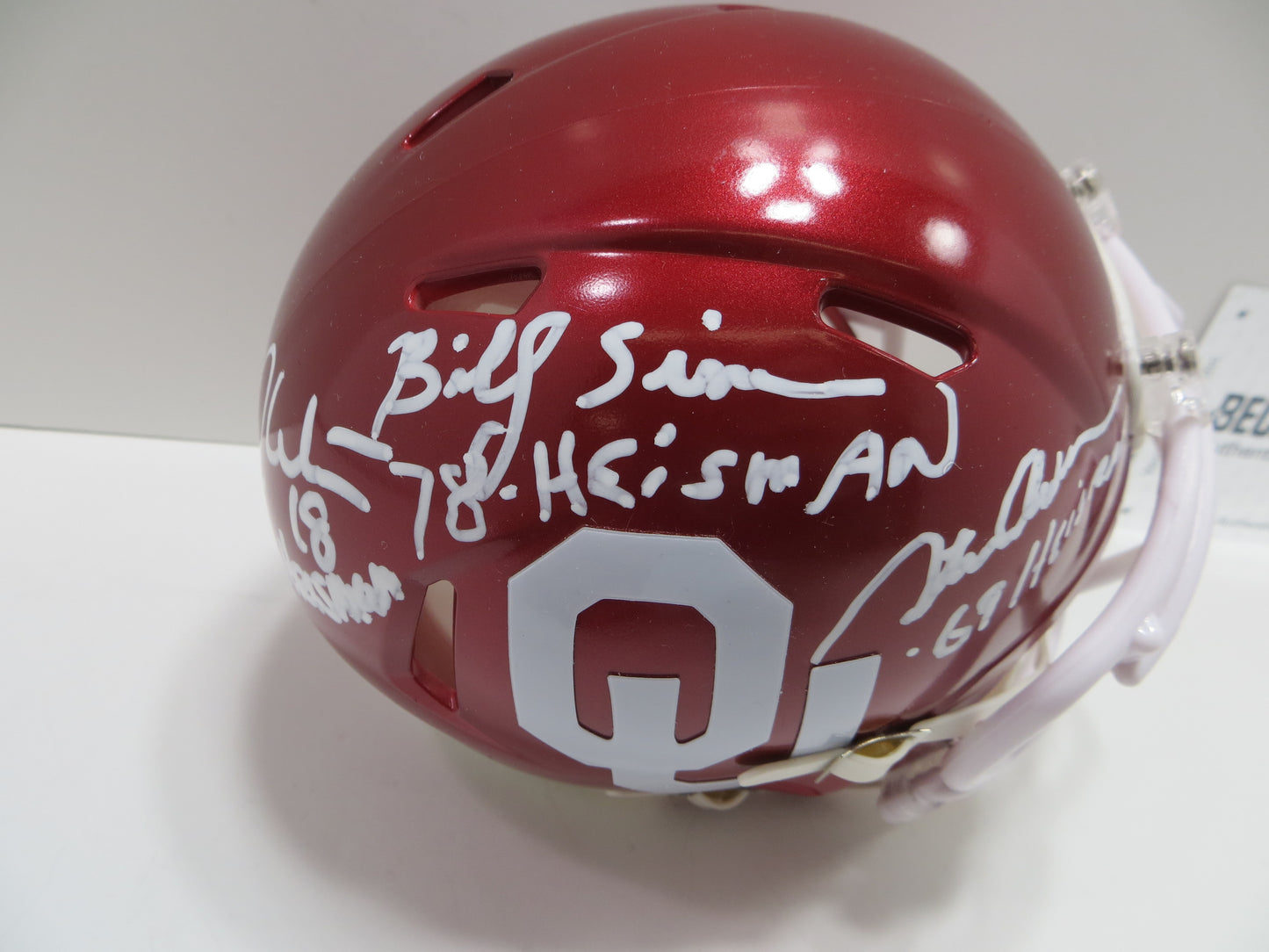 OKLAHOMA OU SOONERS HEISMAN SIGNED MINI HELMET White Sims Owens BAS