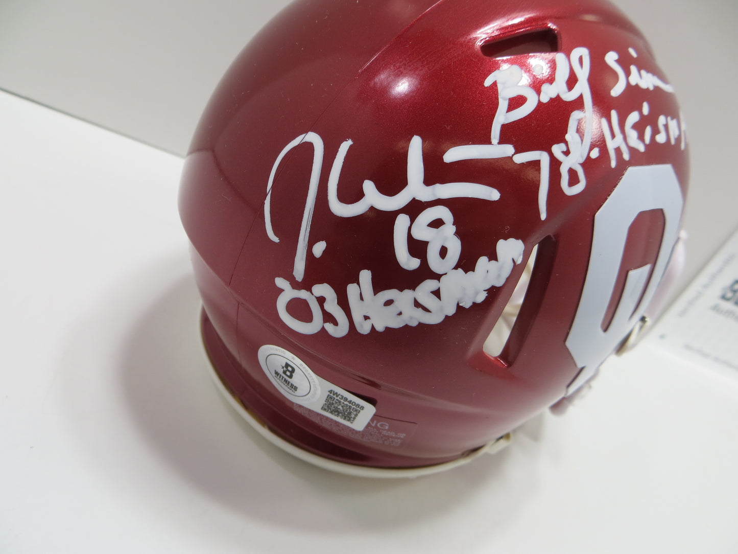 OKLAHOMA OU SOONERS HEISMAN SIGNED MINI HELMET White Sims Owens BAS