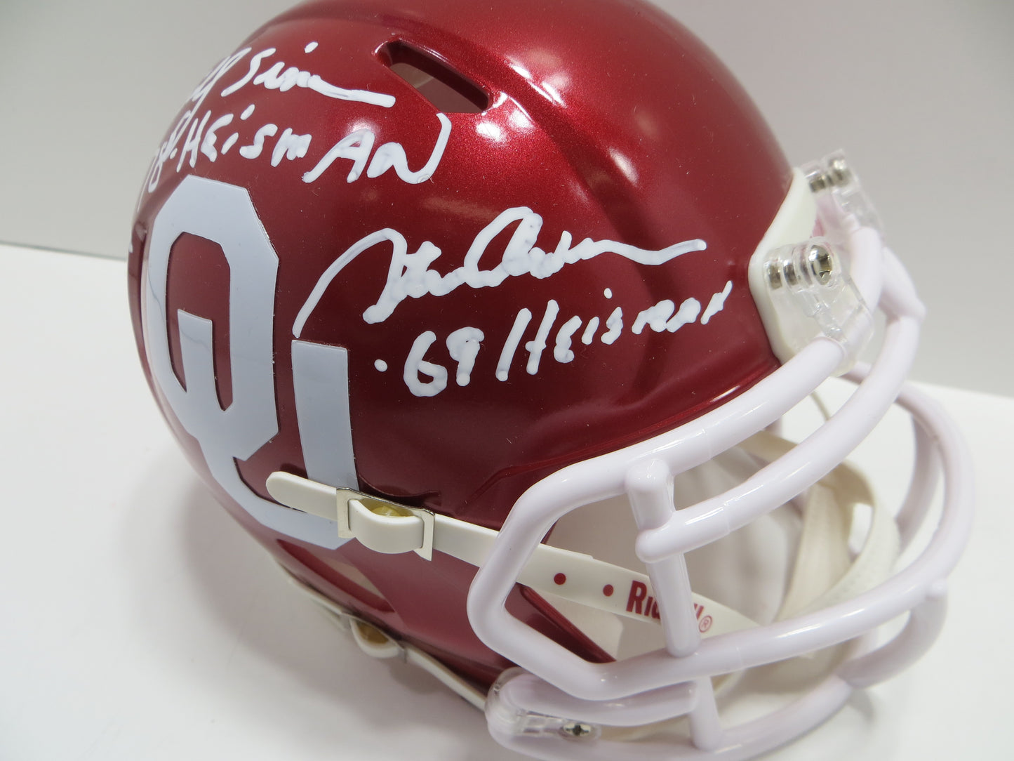 OKLAHOMA OU SOONERS HEISMAN SIGNED MINI HELMET White Sims Owens BAS