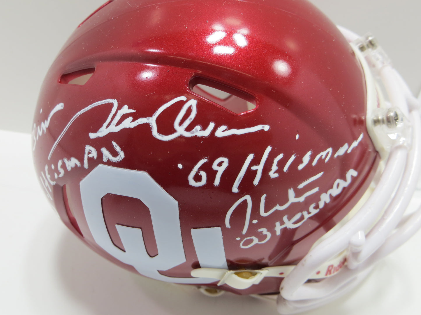 OKLAHOMA OU SOONERS HEISMAN SIGNED MINI HELMET White Sims Owens BAS