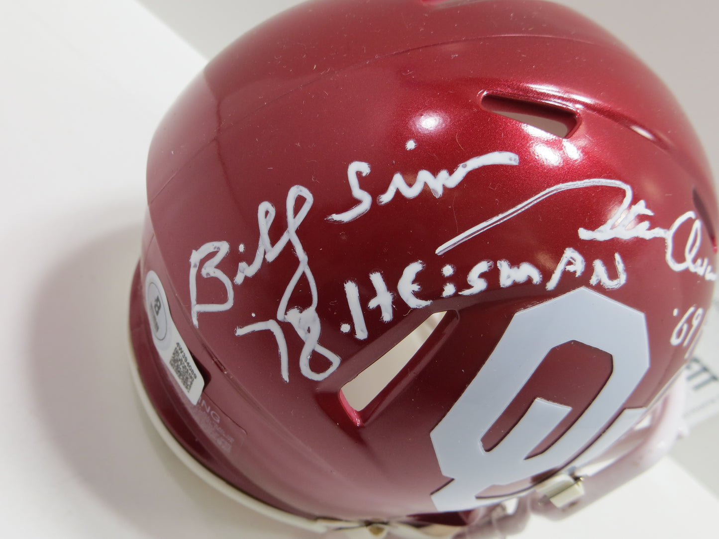 OKLAHOMA OU SOONERS HEISMAN SIGNED MINI HELMET White Sims Owens BAS