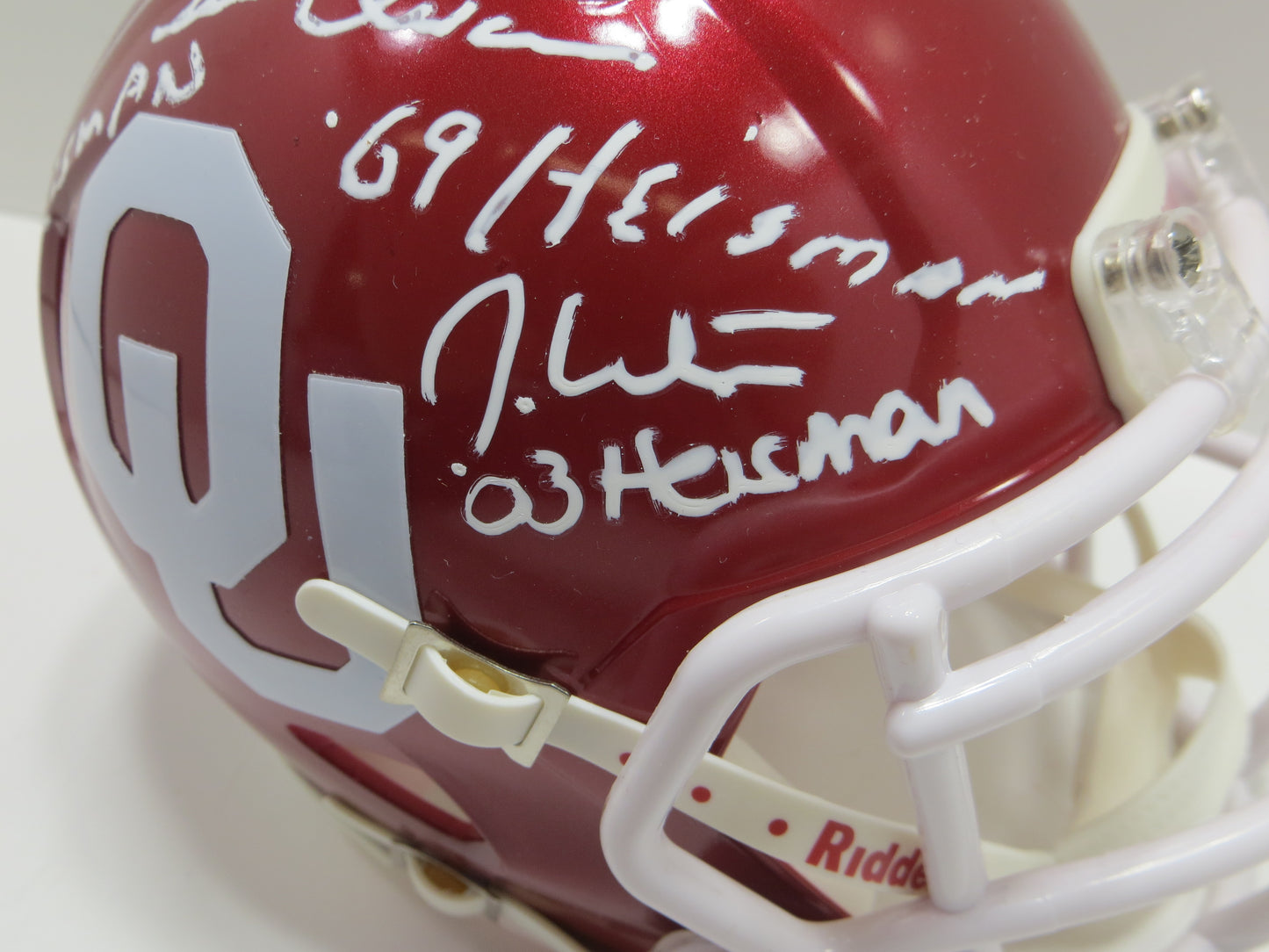 OKLAHOMA OU SOONERS HEISMAN SIGNED MINI HELMET White Sims Owens BAS