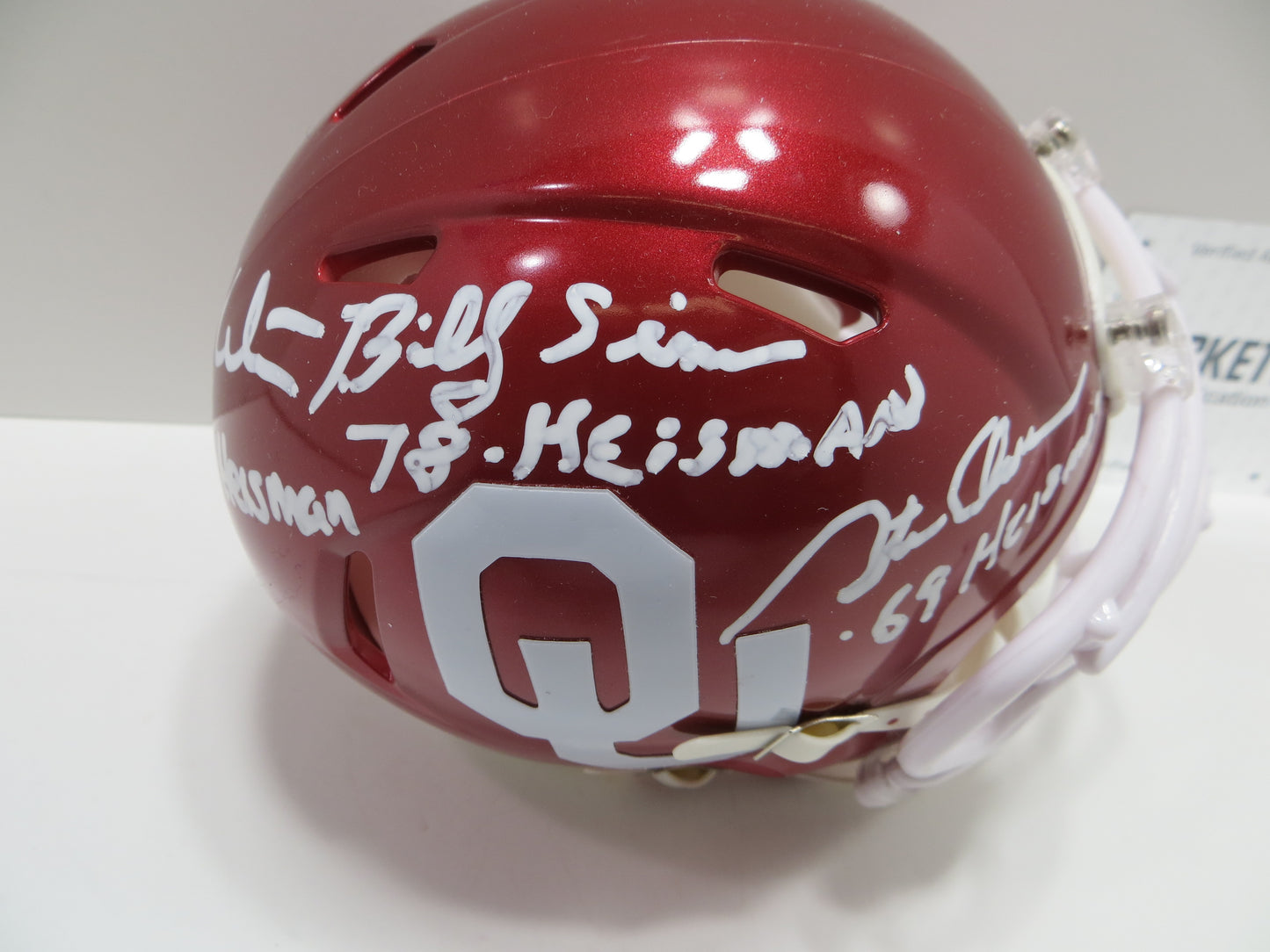OKLAHOMA OU SOONERS HEISMAN SIGNED MINI HELMET White Sims Owens BAS
