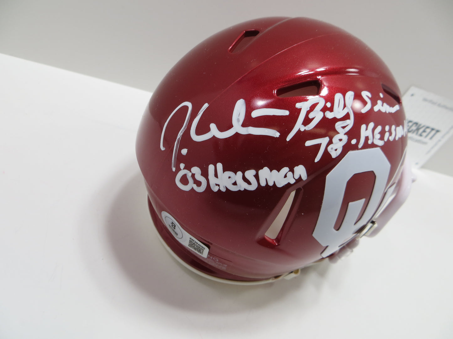 OKLAHOMA OU SOONERS HEISMAN SIGNED MINI HELMET White Sims Owens BAS