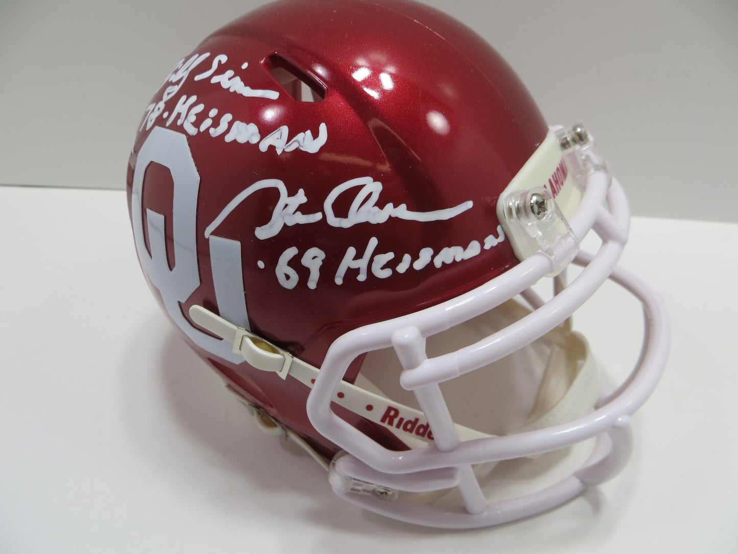 OKLAHOMA OU SOONERS HEISMAN SIGNED MINI HELMET White Sims Owens BAS