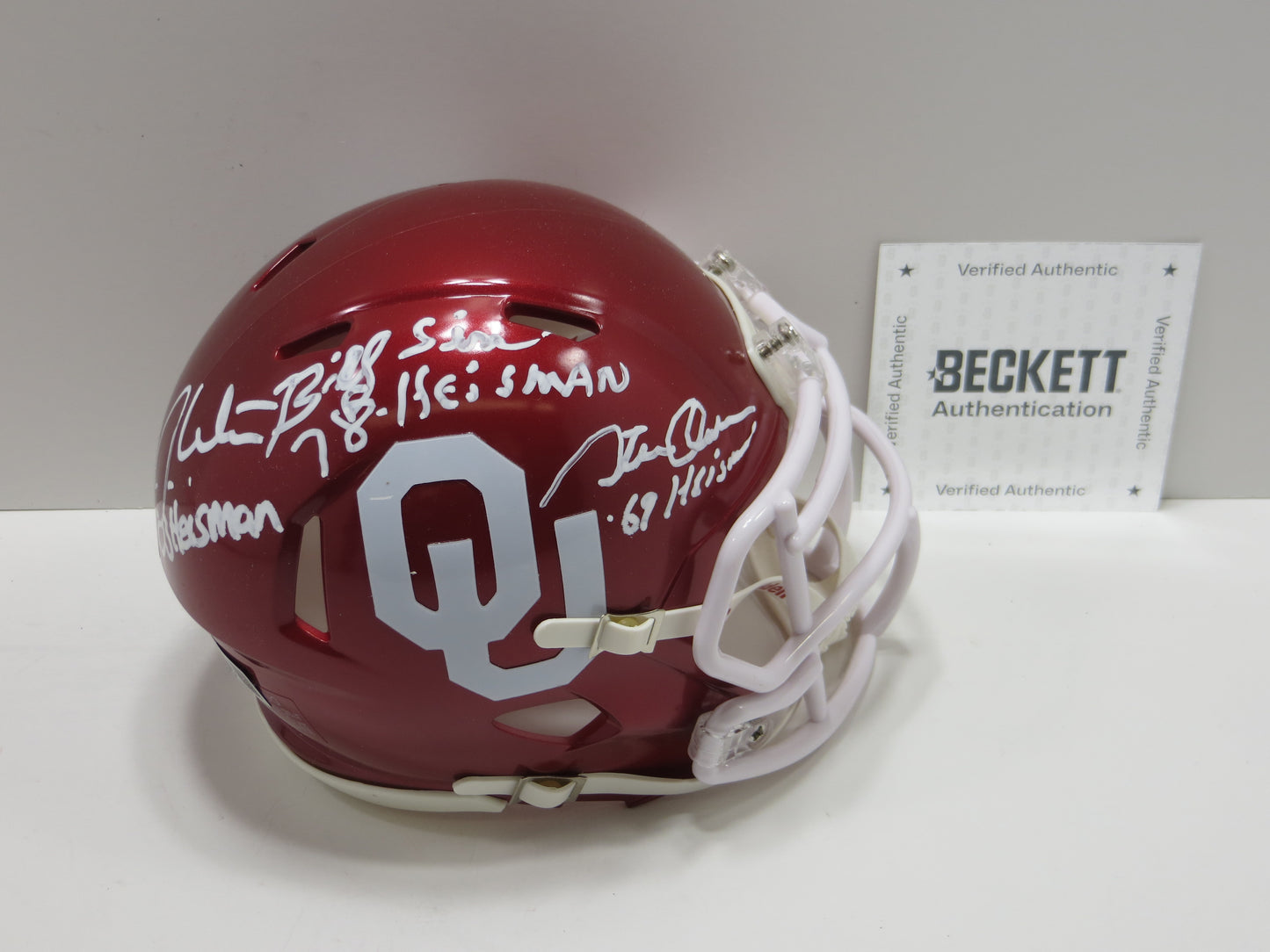 OKLAHOMA OU SOONERS HEISMAN SIGNED MINI HELMET White Sims Owens BAS
