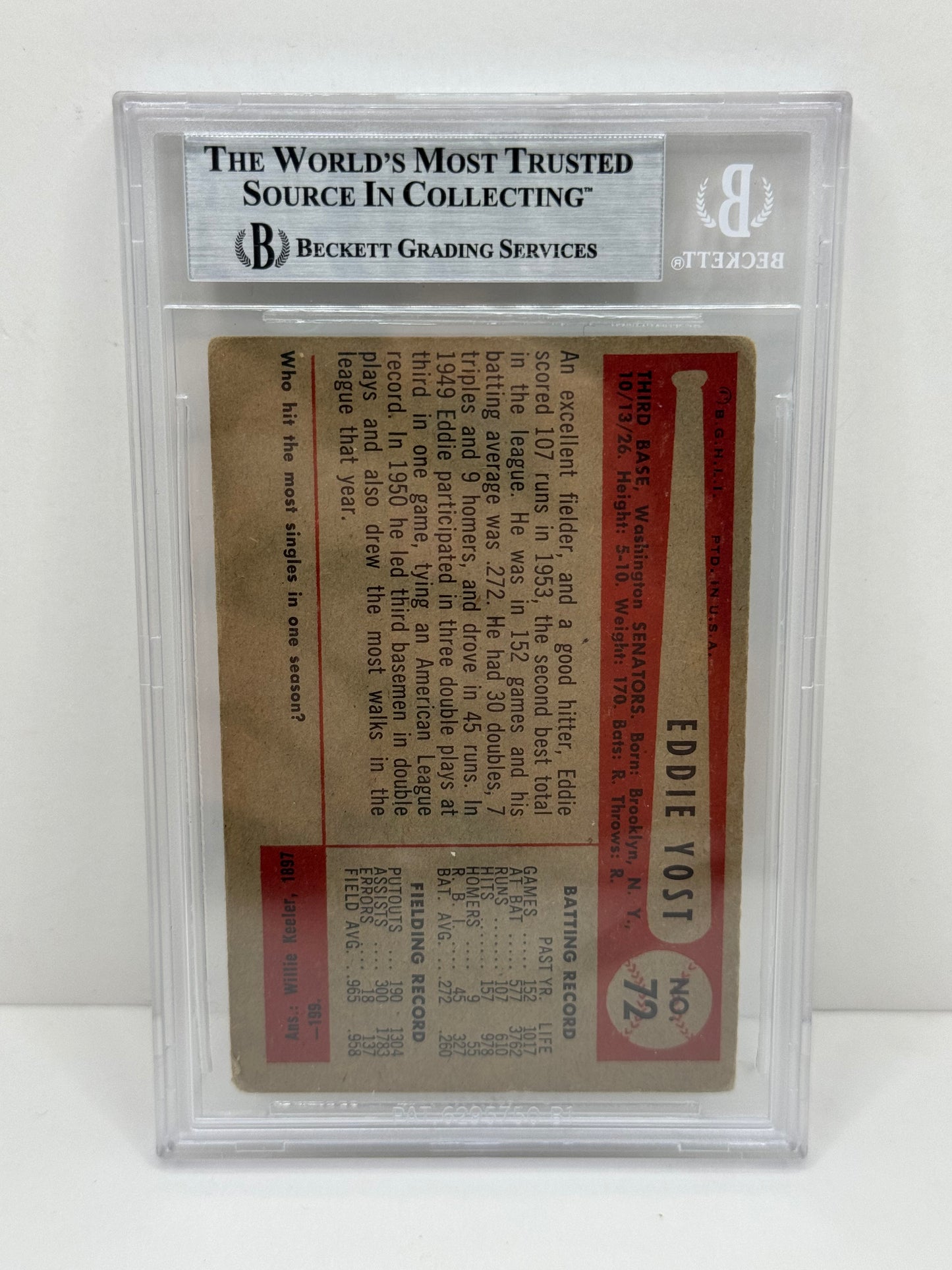 1954 Bowman Eddie Yost #72 Auto Beckett Authentic Deceased in 2012