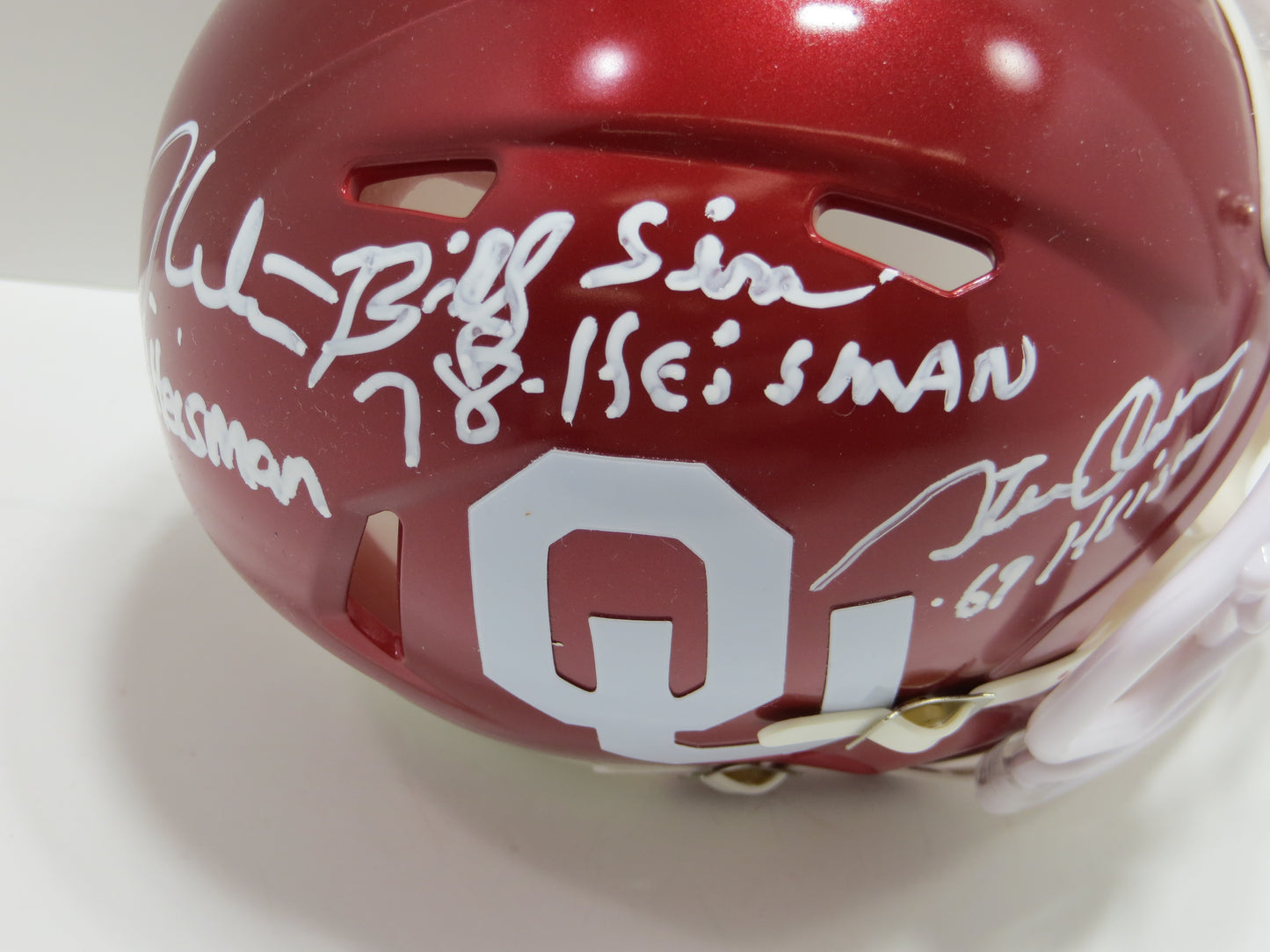 OKLAHOMA OU SOONERS HEISMAN SIGNED MINI HELMET White Sims Owens BAS