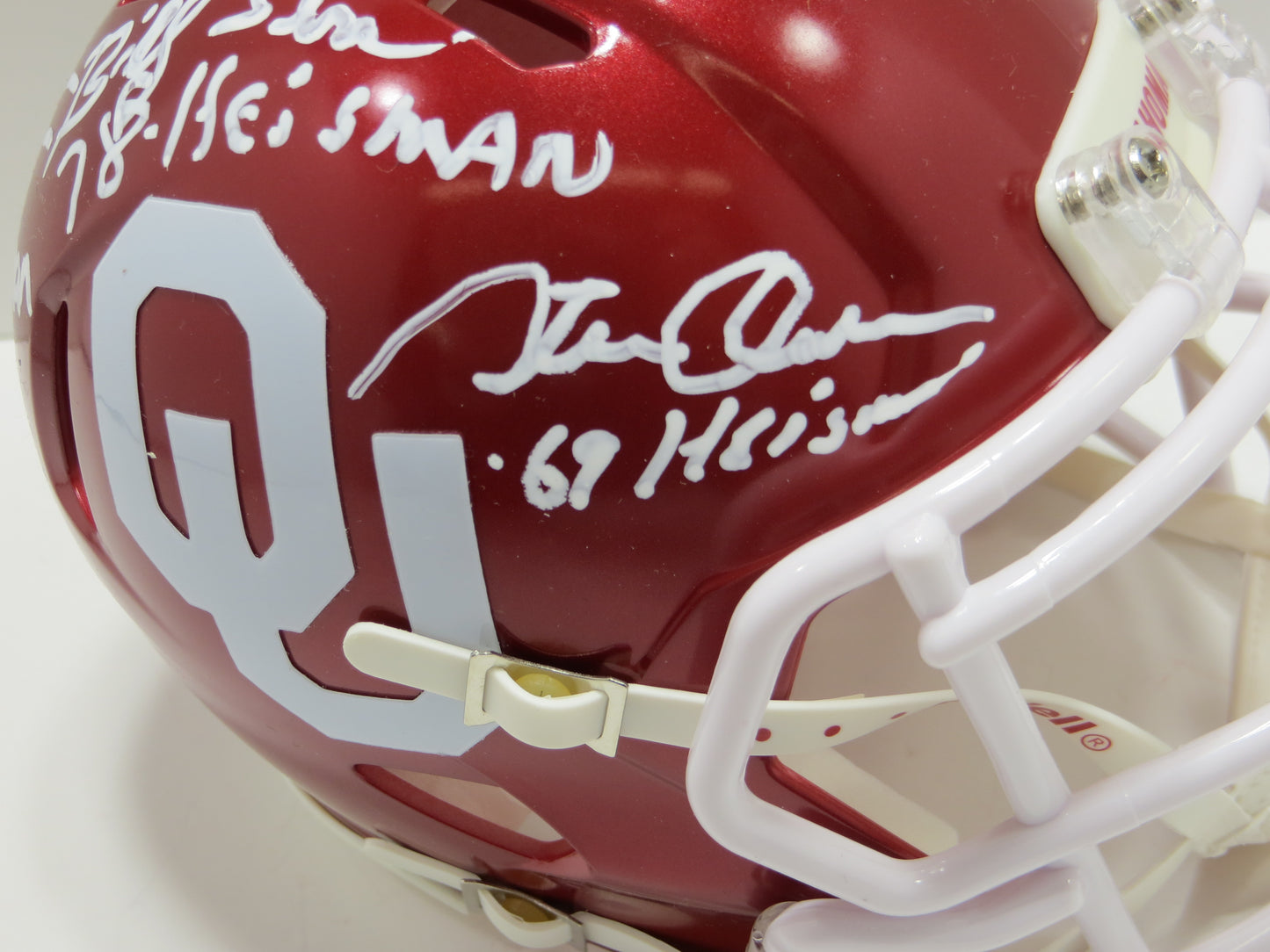 OKLAHOMA OU SOONERS HEISMAN SIGNED MINI HELMET White Sims Owens BAS