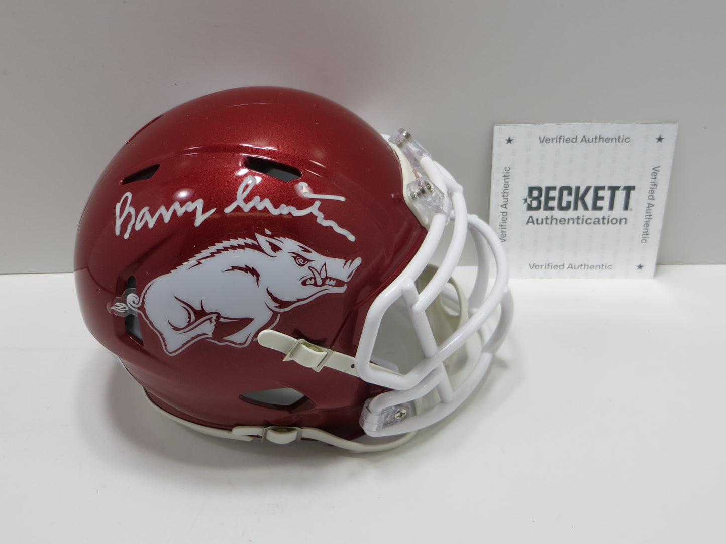 BARRY SWITZER ARKANSAS RAZORBACKS SIGNED MINI HELMET Sooners Cowboys BAS