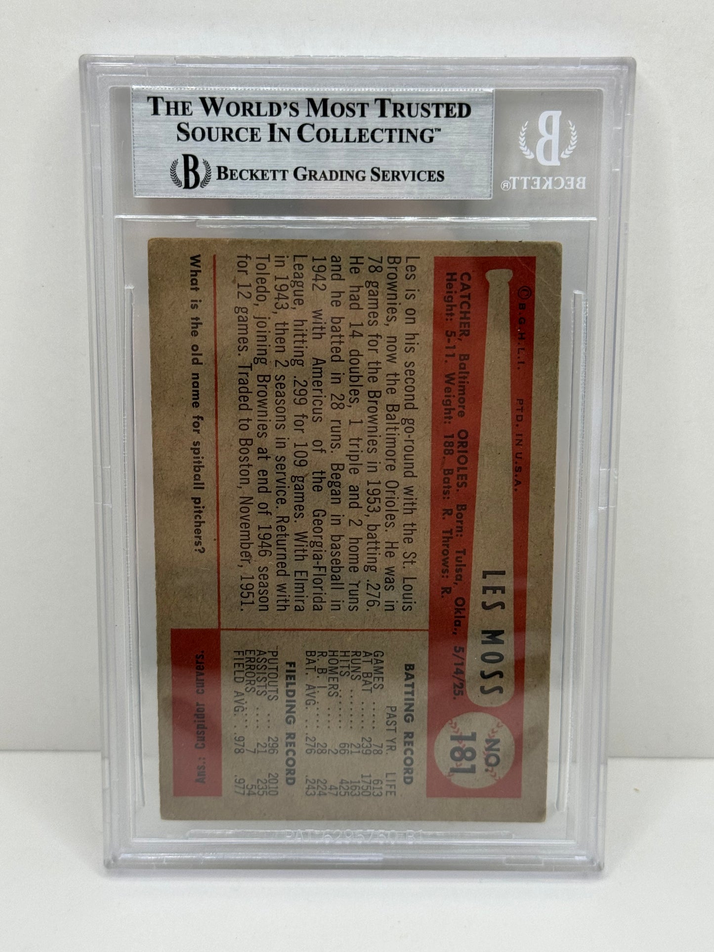 1954 Bowman Les Moss #181 Auto Beckett Authentic Deceased in 2012