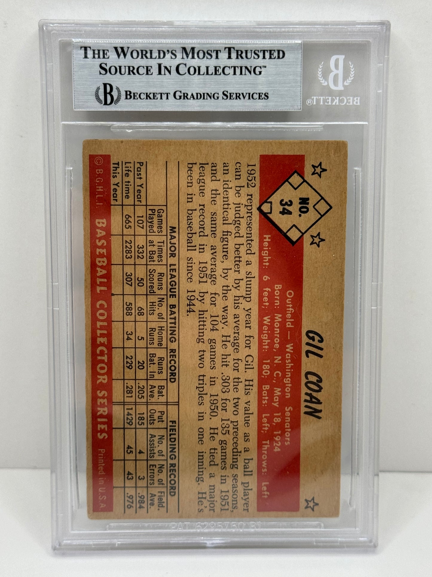 1953 Bowman Color Gil Coan #34 Auto Beckett Authentic Deceased in 2020