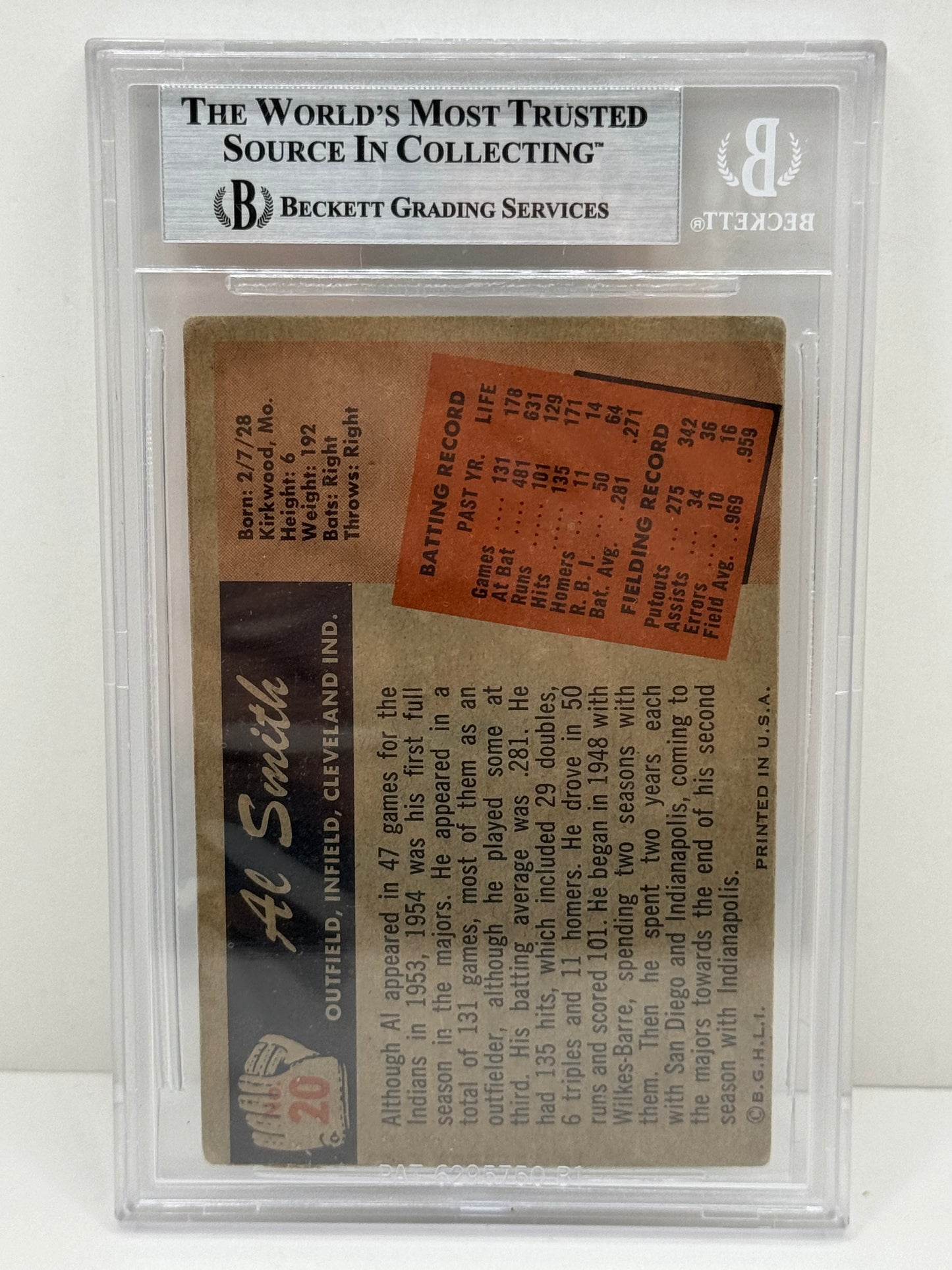 1955 Bowman Al  Smith #20 Auto Beckett Authentic Deceased in 2002