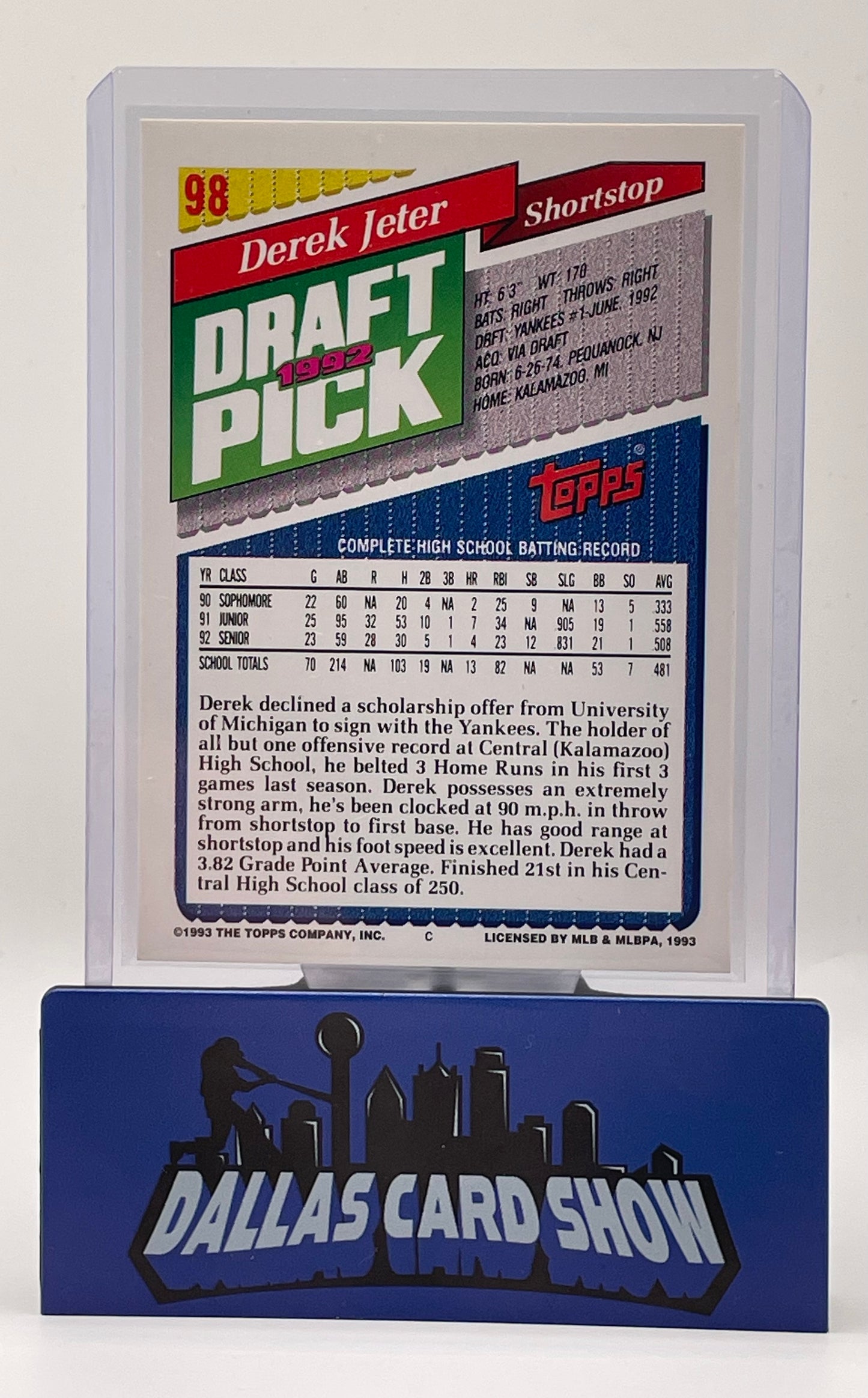 1993 Topps Gold DEREK JETER NY Yankees 1992 Draft Pick Rookie Foil SP #98 RC