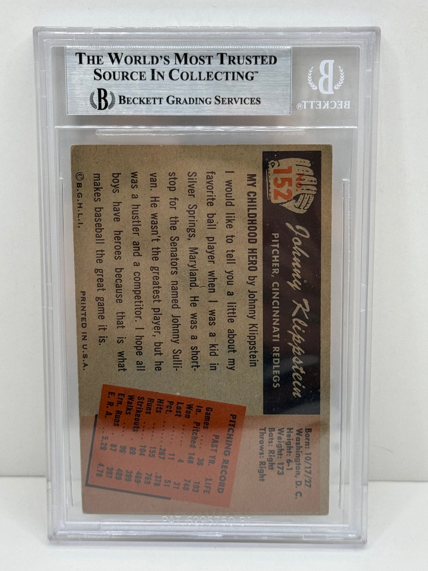 1955 Bowman Johnny Klippstein #152 Auto Beckett Authentic Deceased in 2003