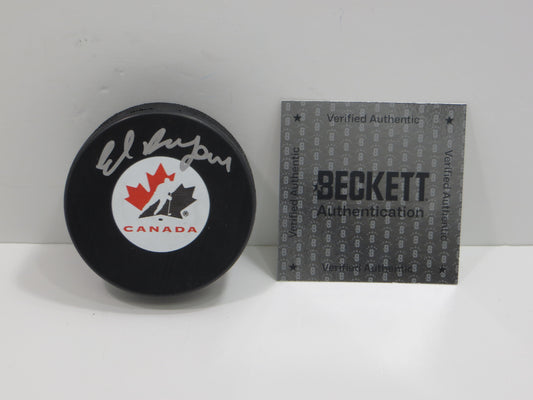 ED BELFOUR TEAM CANADA SIGNED HOCKEY PUCK Dallas Stars Blackhawks BAS COA