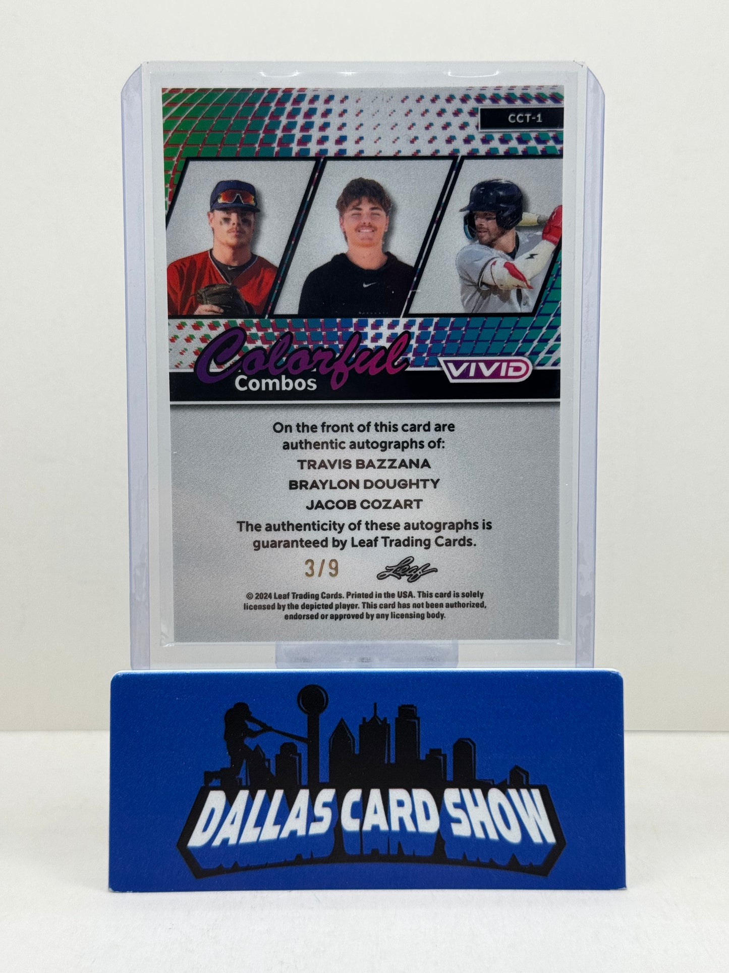 2024 Leaf Vivid Colorful Combos Triple Autograph #3/9 Travis Bazzana/Braylon Doughty/Jacob Cozart