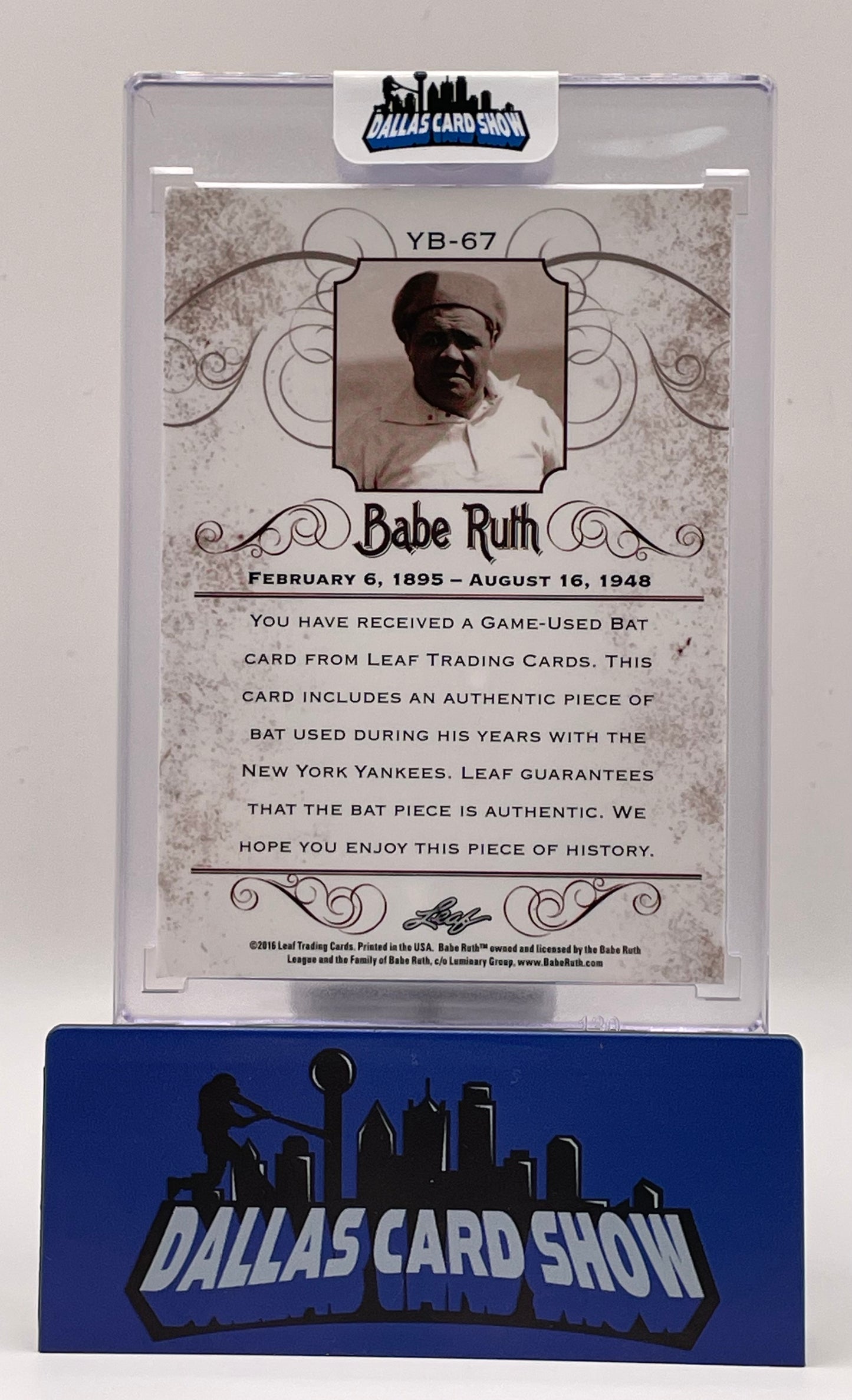 2016 Leaf #YB-67 Babe Ruth Game Used New York Bat Relic 1/1 (Condition)