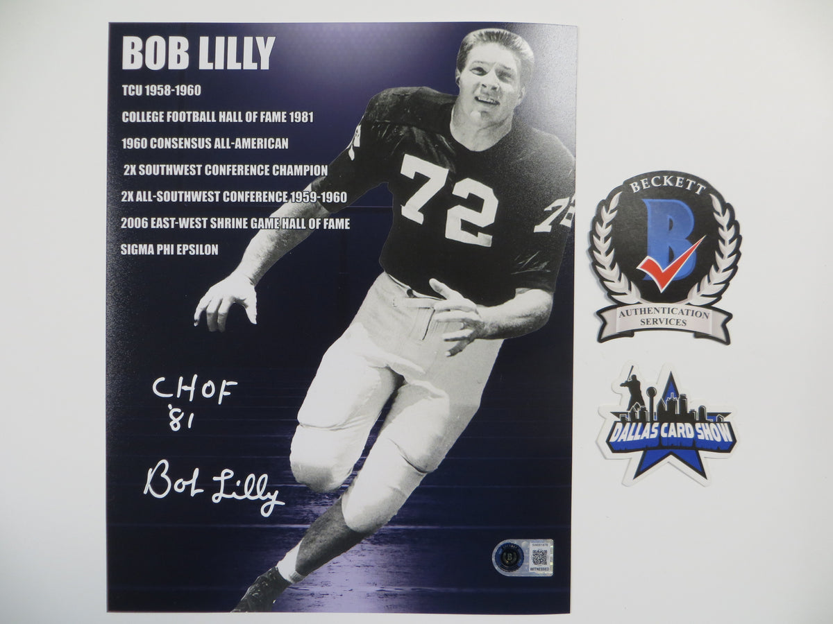 BOB LILLY TCU HORNED FROGS SIGNED STAT 8x10 PHOTO BAS