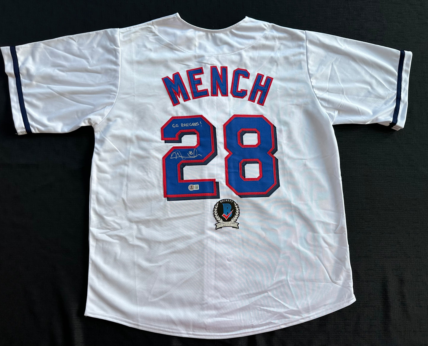 KEVIN MENCH TEXAS RANGERS SIGNED JERSEY w/GO RANGERS! BAS COA