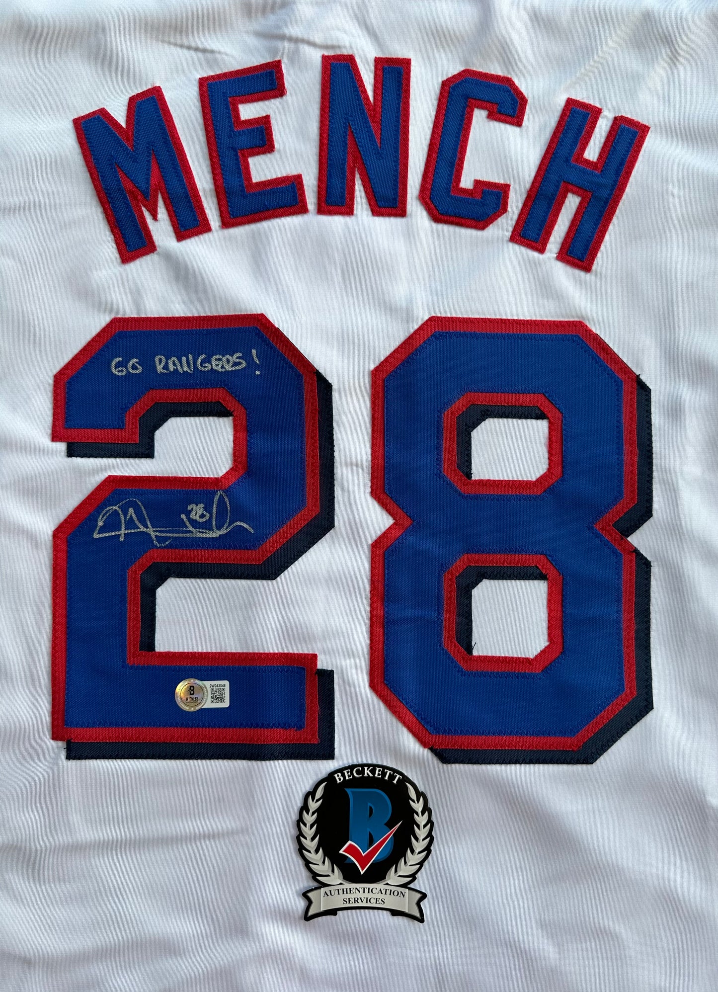 KEVIN MENCH TEXAS RANGERS SIGNED JERSEY w/GO RANGERS! BAS COA